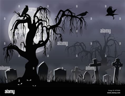 Eerie Halloween scene of a misty graveyard, creepy tree and ominous Stock Vector Art ...