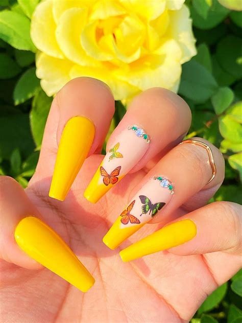 The best cute yellow nails acrylic coffin long, like these yellow French tip nails with ...