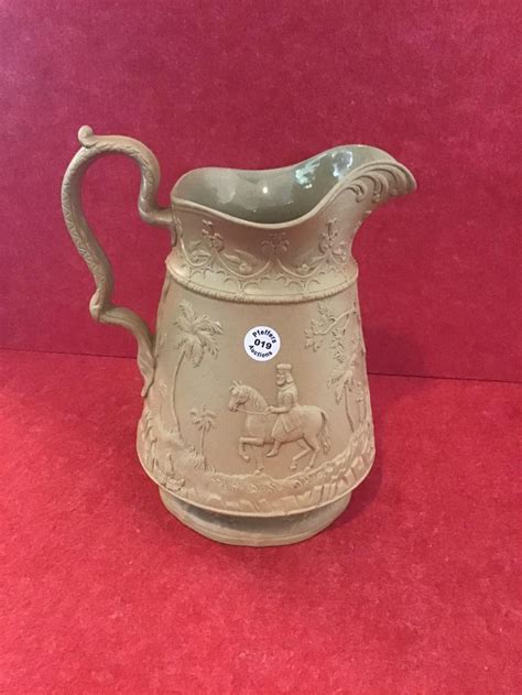 Lot - Antique earthenware jug with cedar coaster 1835-1845