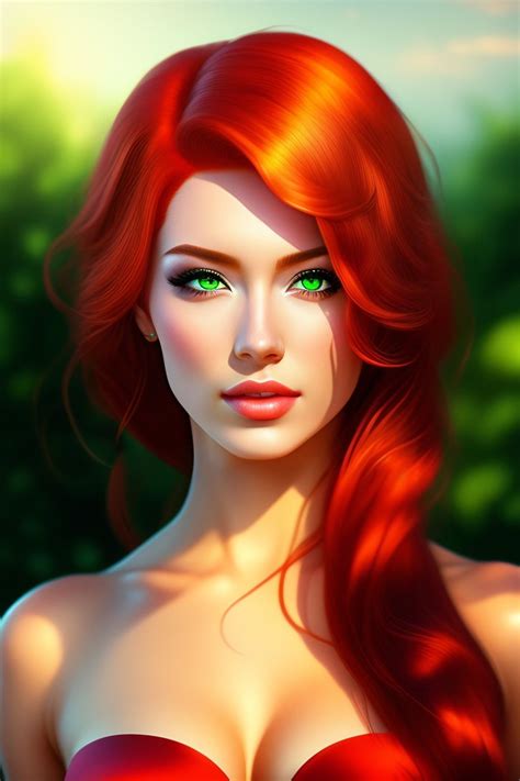 a woman with long red hair and green eyes is shown in this digital painting style