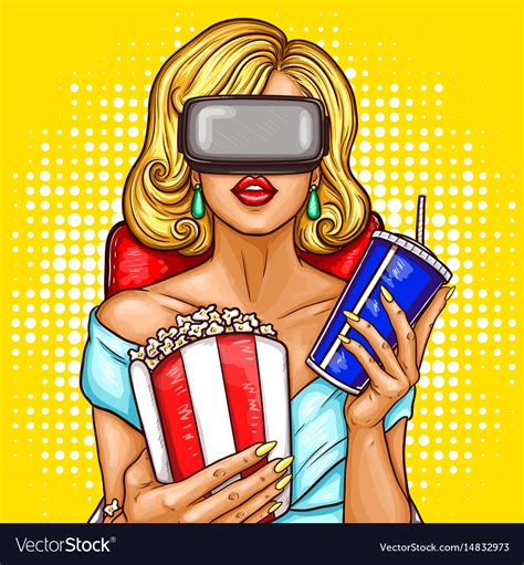 Pop art woman watching movie with virtual Vector Image