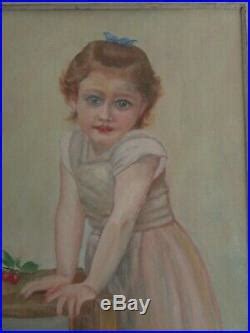 Vintage Oil Painting Of Little Girl Child MID Century Country Folk Art Framed | Folk Art Painting