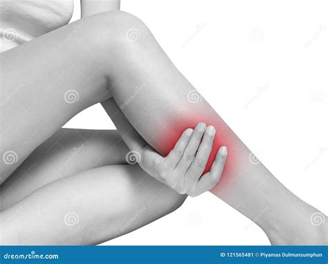 Woman Suffering from Leg Pain, Calf Pain. Mono Tone Red Highlight Stock Image - Image of foot ...