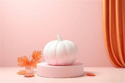 Premium AI Image | Autumn themed Halloween product podium with ceramic white pumpkin decor in ...