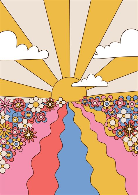 Psychedelic Art Landscape with sunset, sky and flower field, 1960s ...