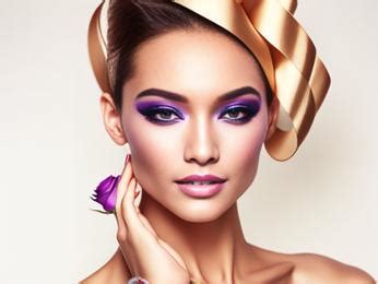 A woman with purple makeup and a gold bow on her head Image & Design ID ...