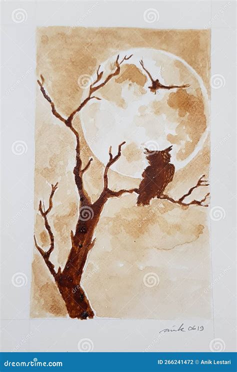 Coffee Painting Owl Shillouette and the Moon Stock Photo - Image of ...