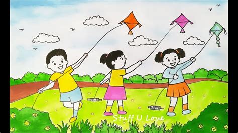 Children Flying Kite Drawing at PaintingValley.com | Explore collection ...