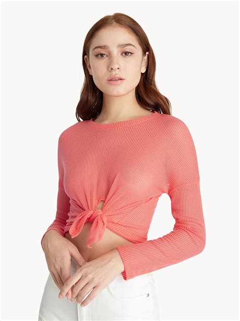 Ribbed Front Knot Crop Top - Coral Red - Pomelo Fashion