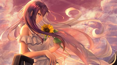 Anime girl Wallpaper 4K, Happy Mood, Sunflower, Alone, 5K