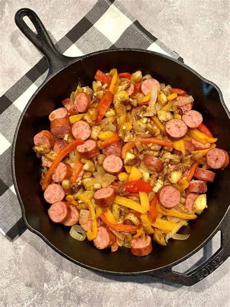 Smoked Sausage and Potatoes Skillet with Onions and Peppers - Happy Honey Kitchen