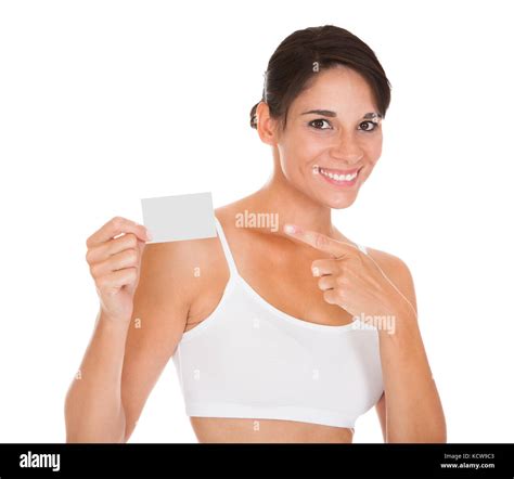 Happy Woman Showing Visiting Card Over White Background Stock Photo - Alamy