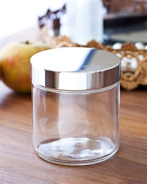 Clear Thick Glass Straight Sided Jar with with Silver Metal Overshell ...