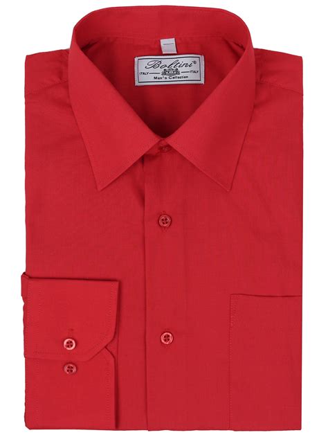 Men's Classic Solid Long Sleeve Barrel Cuff Dress Shirt (Red, XL 36/37 ...