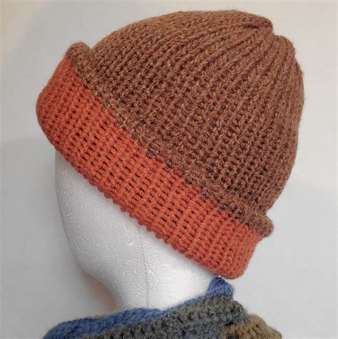 Double Knit Beanie Unisex, Reversible Hat, Orange and Brown, Terra Cotta and Tweed Rust ...
