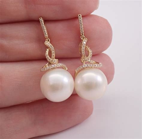 12 mm Pearl and Diamond Dangle Drop Earrings 14K Yellow Gold June Birthday Wedding