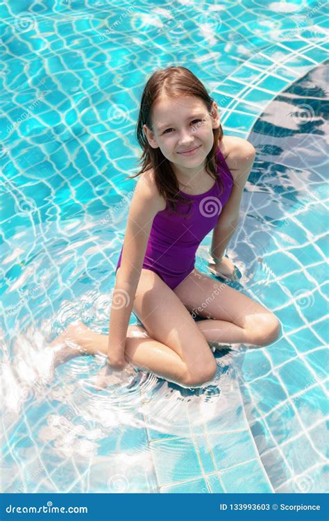 Cute Smiling Preteen Girl Sitting at Swimming Pool Edge. Travel, Vacation, Childhood Stock Image ...