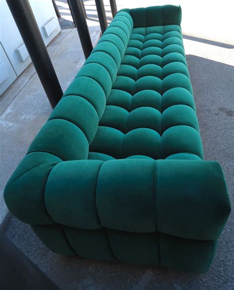 Custom Tufted Green Velvet Sofa with Brass Base - Mid-Century / Modern ...