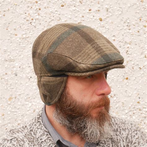 Traditional Irish Woven Wool Flat Cap - Green Tartan/Plaid/Check - With Foldable Ear Flaps -100% ...