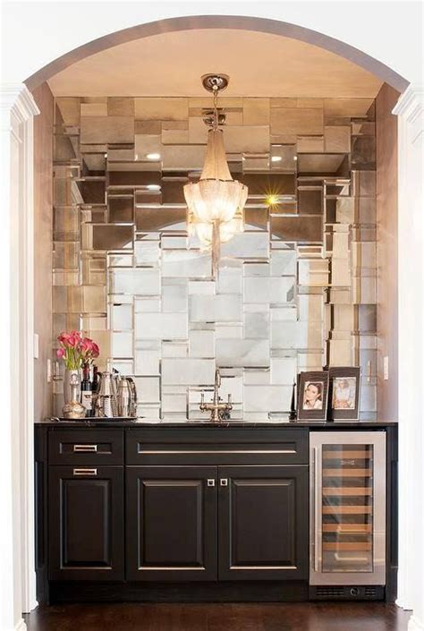 Wet Bar and Mosaic Mirrored Tile Backsplash | Bars for home, Mirrored tile, Mirror tile backsplash