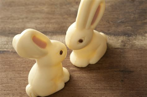 Slanted view of two white chocolate bunnies Creative Commons Stock Image