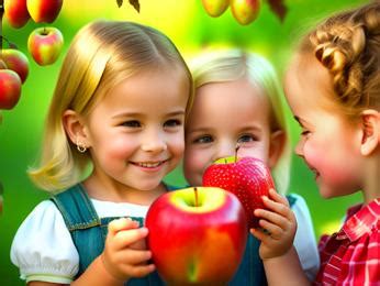 Two little girls standing next to each other holding apples Image & Design ID 0000751741 ...