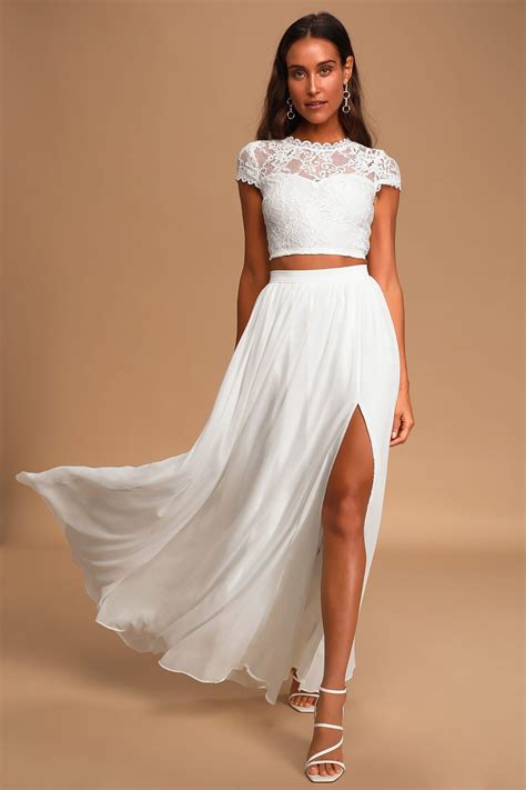 Sweet Stunner White Lace Two-Piece Maxi Dress | Two piece wedding dress, Wedding dress cap ...