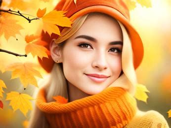 Beautiful Girl In Orange Hat Amongst Fall Leaves And Flowers In An Autumn Scene Image & Design ...