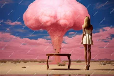 Premium AI Image | Pink nuclear bomb mushroom cloud and Barbie doll movie themed