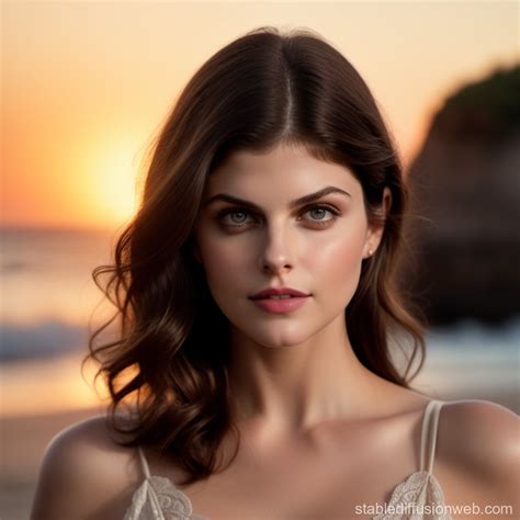 Flirty Sunset Beach Encounter with Alexandra Daddario Lookalike | Stable Diffusion Online