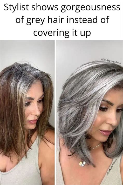 Stylist shows gorgeousness of grey hair instead of covering it up | Gray hair highlights, Grey ...