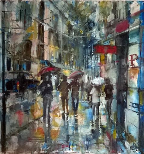 Rainy downtown. Painting by Lorand Sipos - Fine Art America