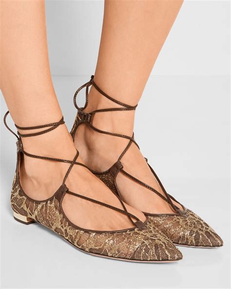 AQUAZZURA Christy leather-trimmed embroidered mesh point-toe flats – Shoes Post