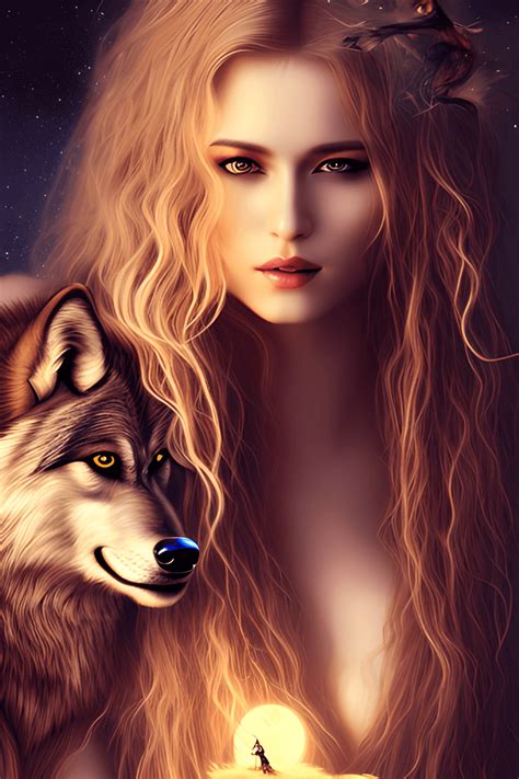 Beautiful Woman with Wolf Under Magical Night Sky · Creative Fabrica