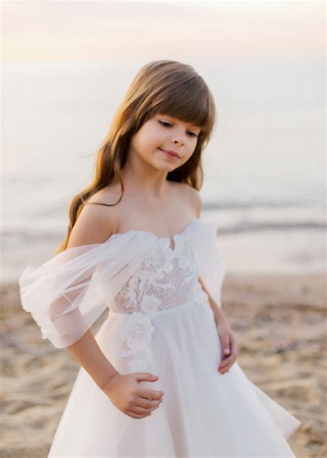 A-line Off Shoulder White Lace Tulle Beaded Flower Girl Dress