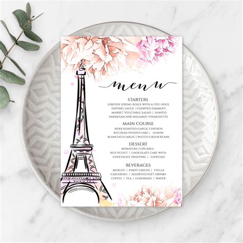 Paris Menu Card Template 5 x 7 Eiffel Tower Food | Etsy