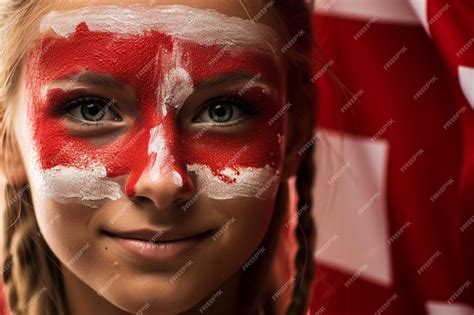 Premium AI Image | Woman Demonstrating Devotion with Denmark Flag Colors on Her Face