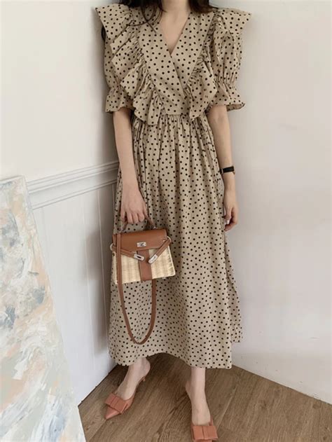 Vintage Puff Sleeve Elegant Dot Print Chiffon Dress on Luulla