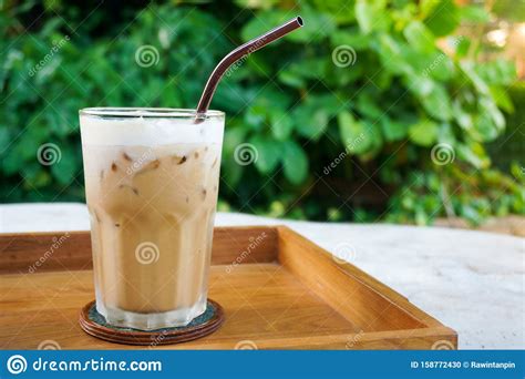 Glass Iced Coffee on Wood Table Green Nature Background,Iced Latte Coffee Stock Photo - Image of ...