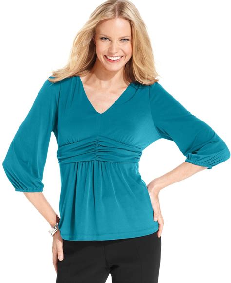 NY Collection Petite Top, Three-Quarter-Sleeve Ruched Knit - Womens Petite Tops - Macy's ...