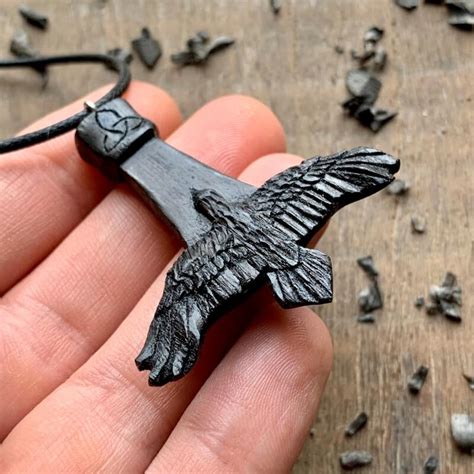Unique Bog Oak Wood Mjolnir Raven Triquetra Pendant | Handmade | VKNG Jewelry – vkngjewelry