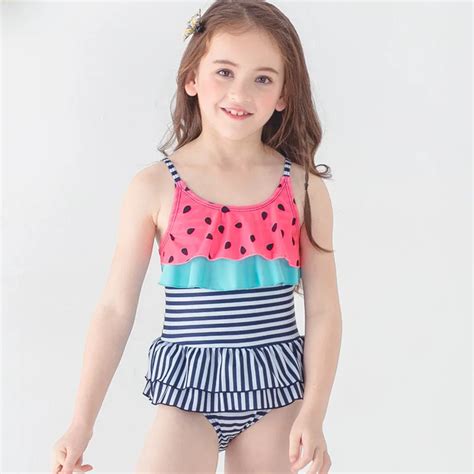 New Hot Sale Children Swimsuits Print Striped Swimwear Lovely Lace Bathing Suit Cute Fresh Beach ...
