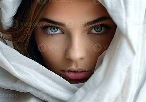 Portrait of a woman with her face covered by white cloth. Captivating elegance style, with soft ...