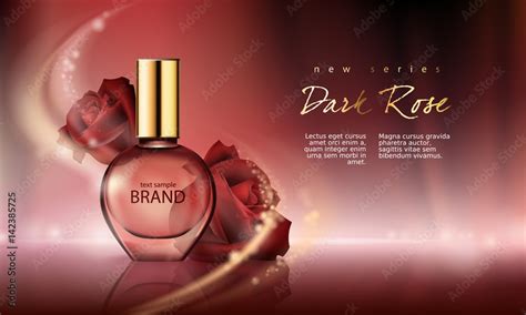 Vector illustration of a realistic style perfume in a glass bottle on a wine-red background with ...