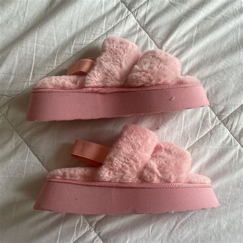 fluffy pink slippers, almost like ugg dupes never... - Depop