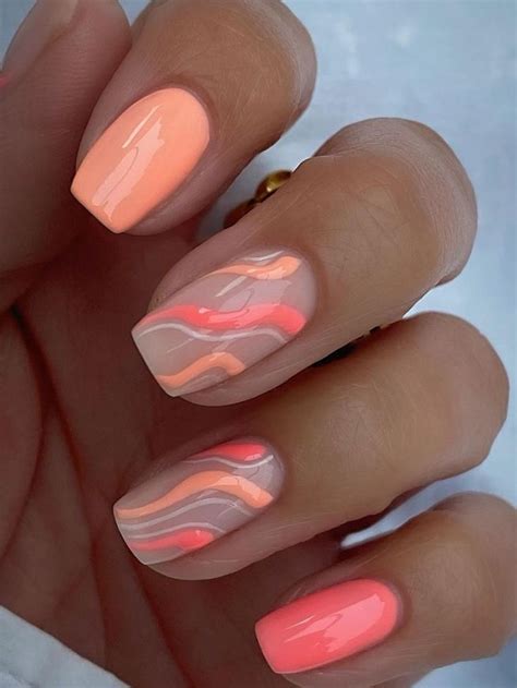 coral square nails with swirl designs Summery Nails, Simple Acrylic Nails, Acrylic Nails Coffin ...