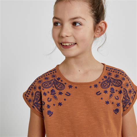 Embroidered cotton t-shirt with short sleeves, ochre, La Redoute Collections | La Redoute