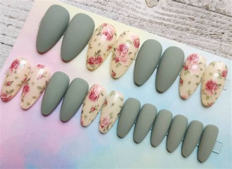 Sage Green Nails With Pink Vintage Rose Accent. Press on - Etsy