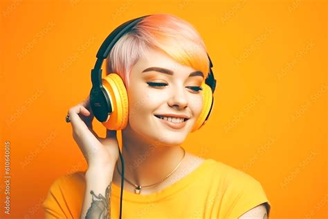 young girl orange hair Listen music with headphones on yellow orange background,Generative AI ...