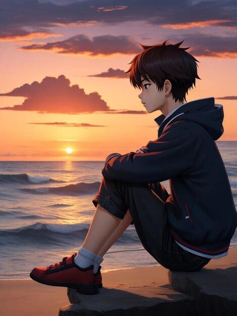 Premium AI Image | Artistic image of Boy anime on the beach watching sunset